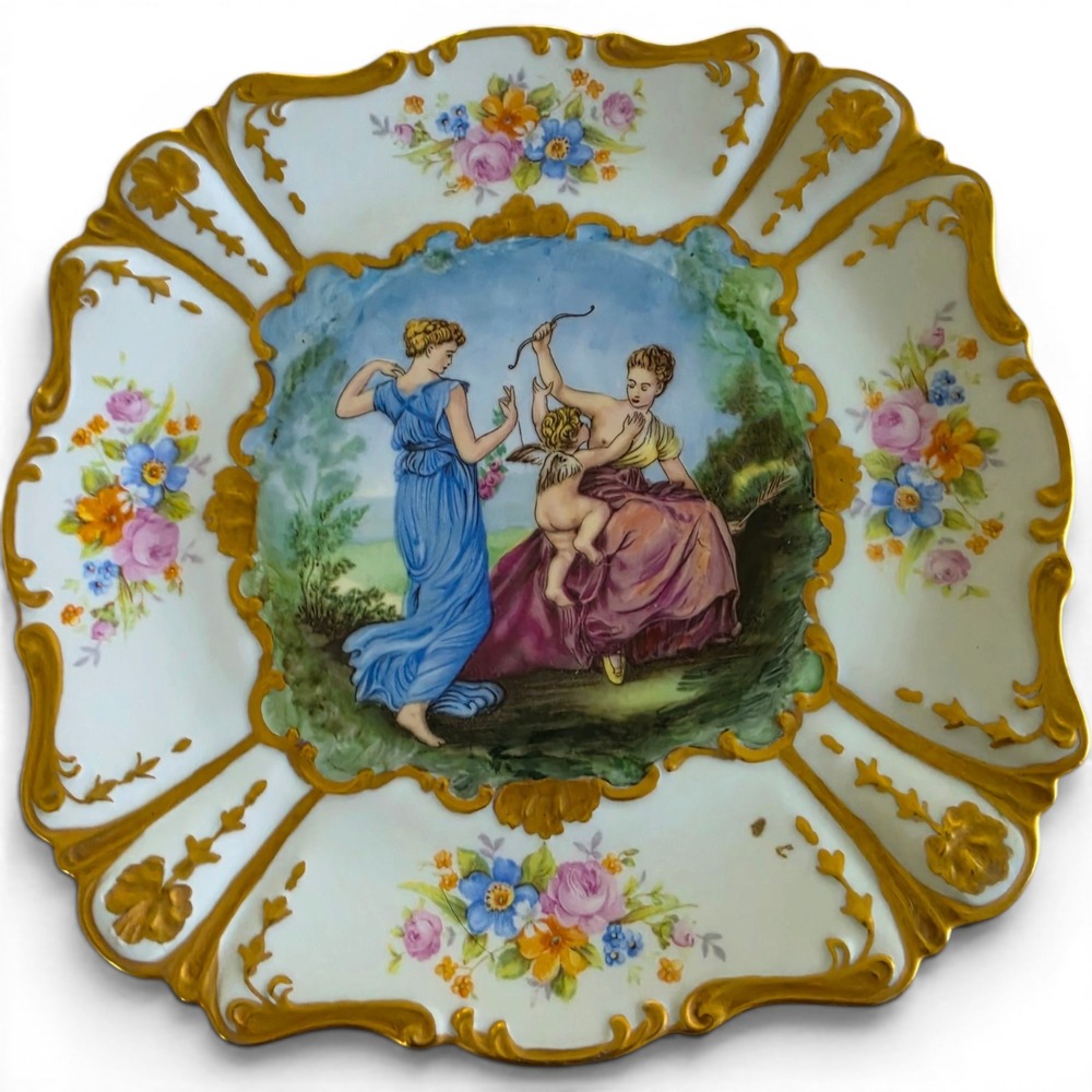 Antique Hand Painted Porcelain Plate Gold Gilt Scalloped Edge Cherub Scene